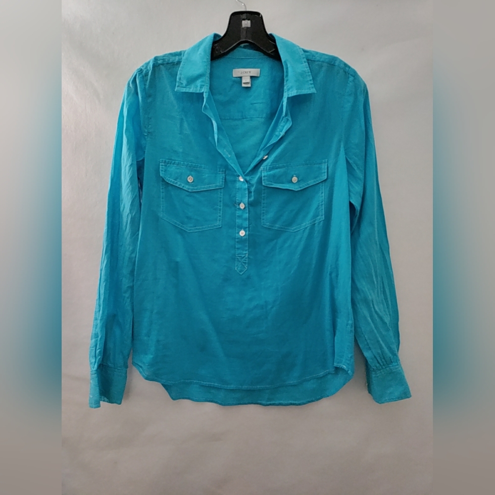 🎁 J CREW Women’s blue Popover Blue Long Sleeve Blouse Shirt Size 6